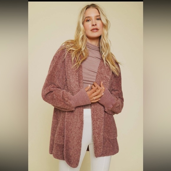 Mystree Sweaters - 427. Oversized Hooded Cozy Open Cardigan Jacket Pockets Mauve Restocked NWT OSFM